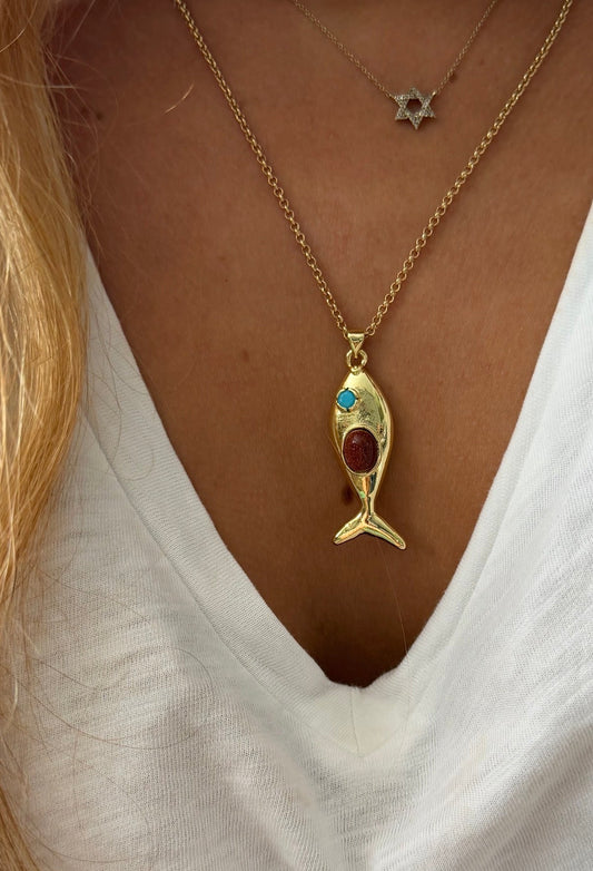 Gold Stone Fish Necklace
