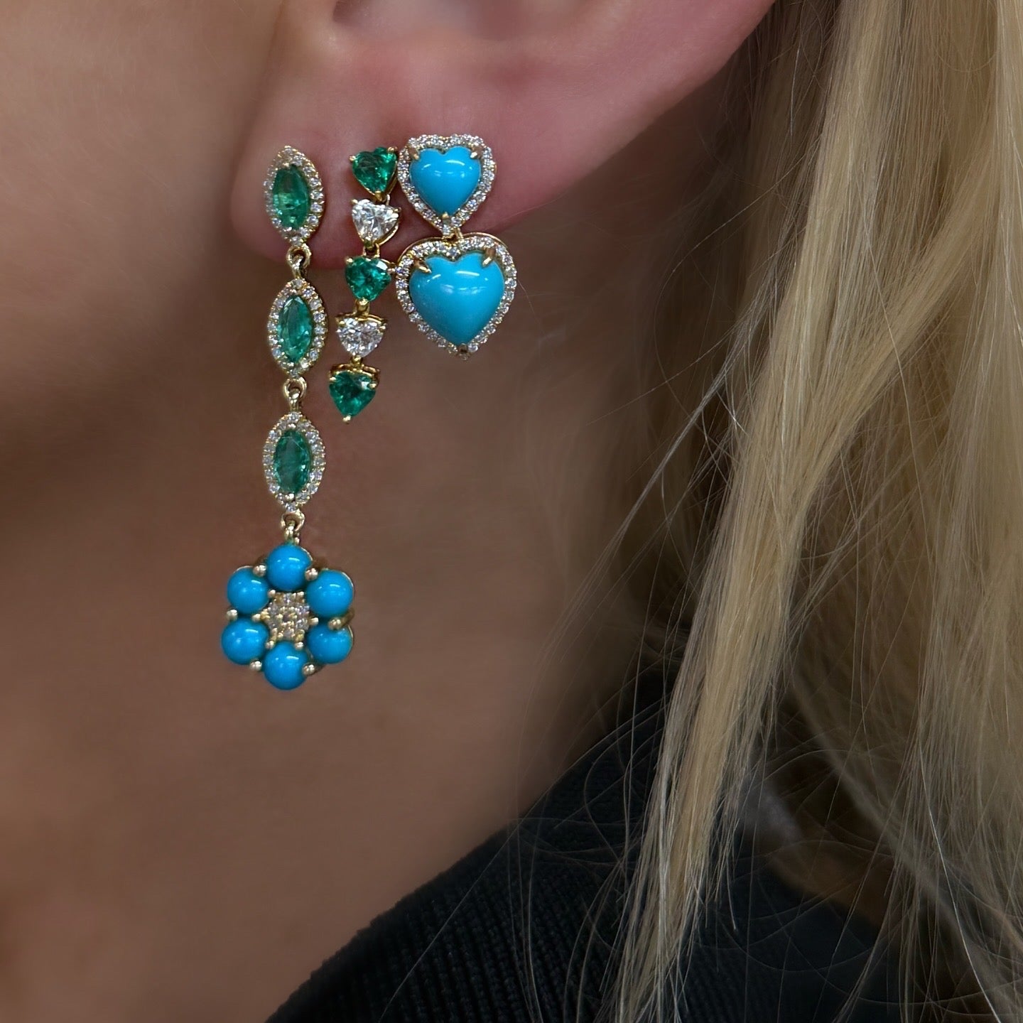 18k Gold Turquoise and Diamond Heart Earrings