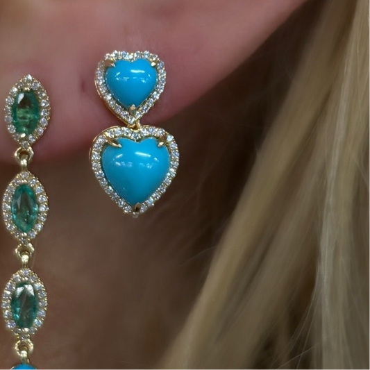 18k Gold Turquoise and Diamond Heart Earrings