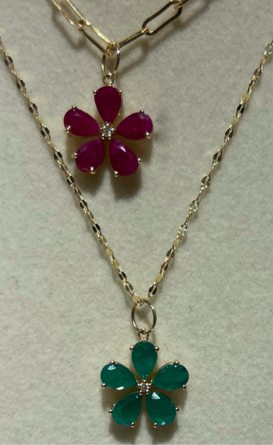 14k gold Ruby and Emerald flowers