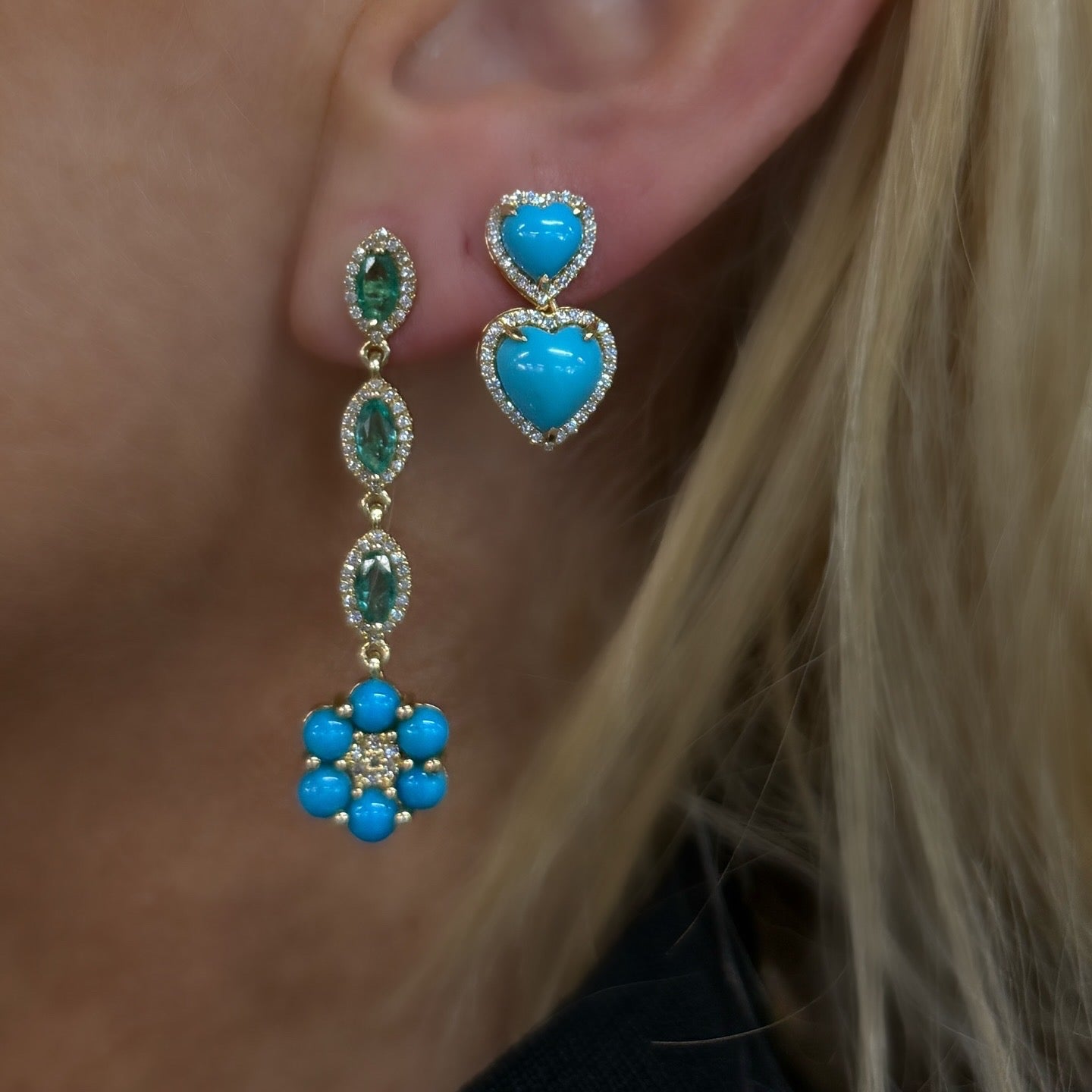 14k gold Emerald and Turquoise Earrings